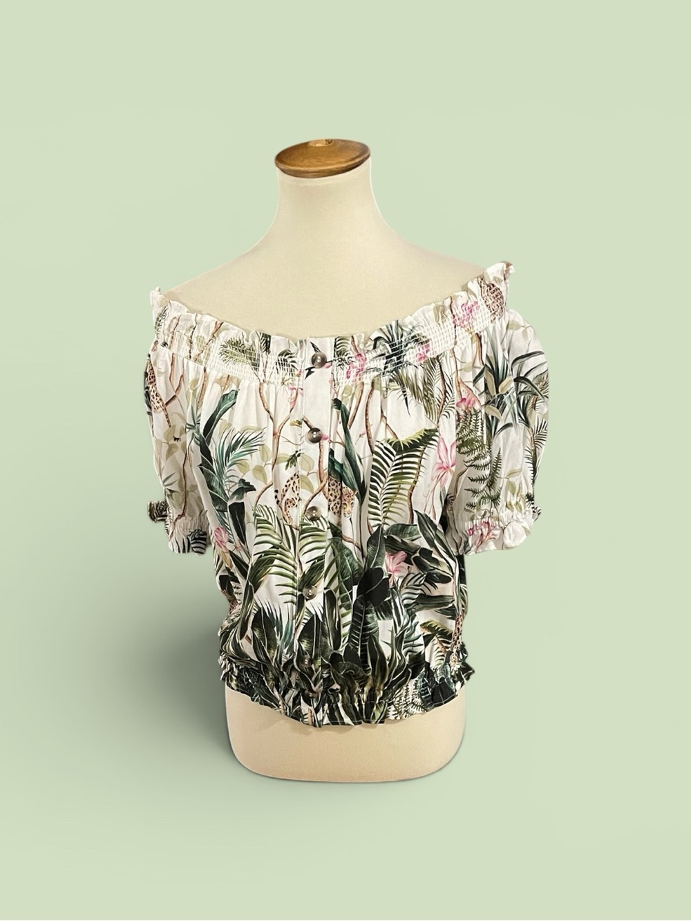 #169, H & M, Off-Shoulder Tropical Print Women’s Top - Cream/Green, size 10